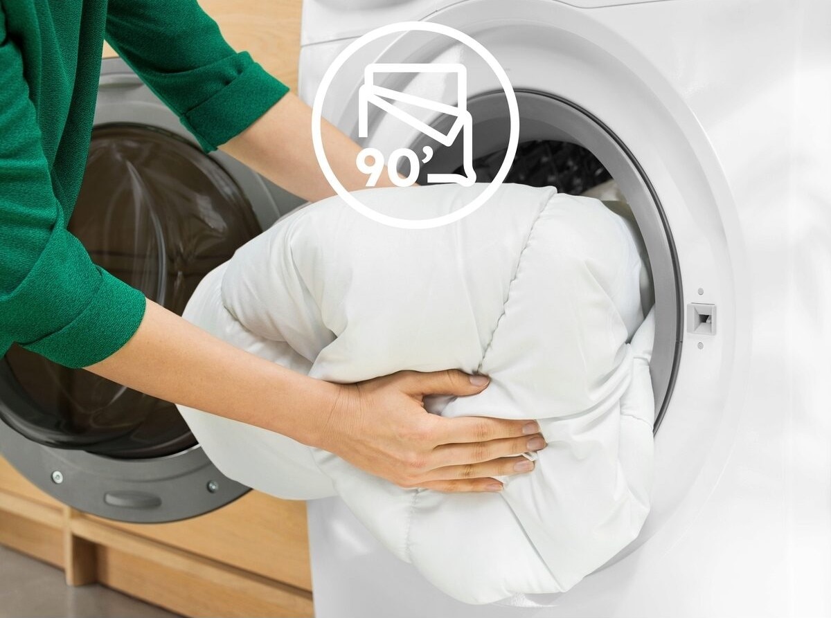 正將白色羽絨被放入洗衣機中,上方標示「羽絨被90'」行程圖示。